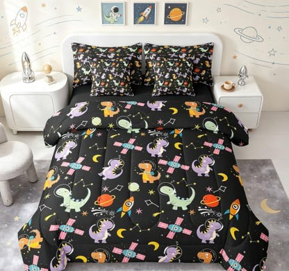 Feelyou Kids Cute Dinosaur 7 Piece Bedding Set Full Size Solar System Comforter Set with Sheets for Boys Girls Outer Space Bed in a Bag Moon Star Print Bed Set