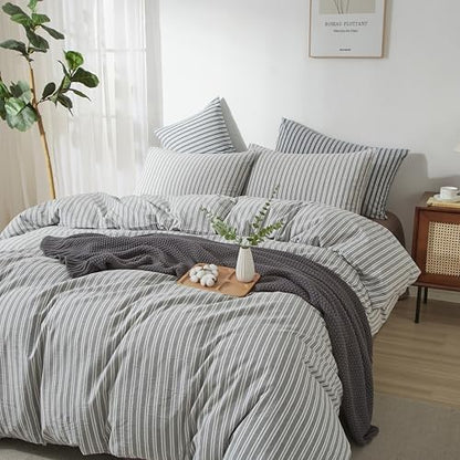 Striped Duvet Cover Set 100% Washed Cotton Linen Feel King