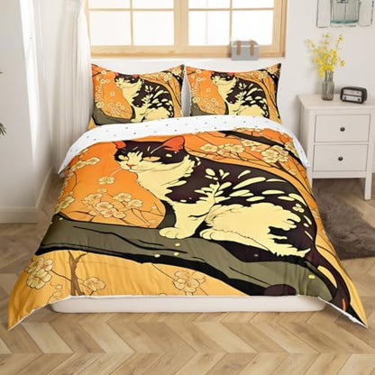 Feelyou Kids Cat Duvet Cover Full Size Cherry Blossoms Bedding Set Boys Girls Sakura Flower Floral Botanical Branches Comforter Cover Set Japanese Style Pattern Bedspread Cover（No Comforter