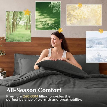 JOLLYVOGUE Dark Grey Full Comforter Set, Cationic Dyeing Bed in a Bag Full 7 Pieces, Double-Tone Bedding Set with Down Alternative Comforter, Sheets, Pillowcases & Shams