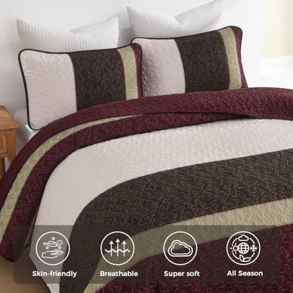 Cottolester Quilts Queen Size,Burgundy Striped Plaid Bedspread Coverlet Set