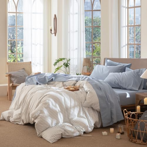 MooMee Sheet Set 100% Washed Cotton Linen-Like Extra Deep Pocket Queen