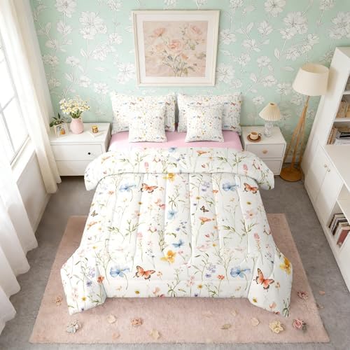 Erosebridal Boho Floral Full Comforter Set with Sheets 7 Piece Cute Colorful Flowers Bed in A Bag Bohemian Wildflower Bedding Sets for Kids Girls Women,Watercolor Flower Butterflies Bed Set