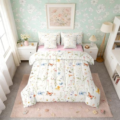 Erosebridal Boho Floral Full Comforter Set with Sheets 7 Piece Cute Colorful Flowers Bed in A Bag Bohemian Wildflower Bedding Sets for Kids Girls Women,Watercolor Flower Butterflies Bed Set