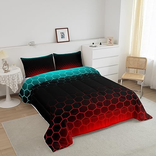 Red Blue Ombre Bedding Set Queen, Geometric Honeycomb Comforter Set Abstract Ombre Honeycomb Comforter Beehive Hexagon Duvet Set with 2 Pillow Case