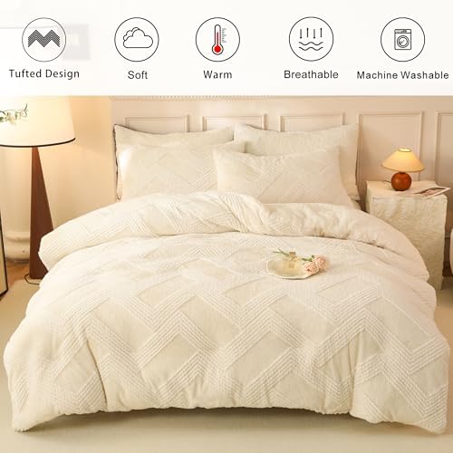 tohrisa Tufted Boho Comforter Set King - White Fluffy Sherpa Bedding Set, Soft Fuzzy Jacquard Quilt Set, 3 Pieces Cozy Bed Set Warm Comforter for Winter(104"X90")