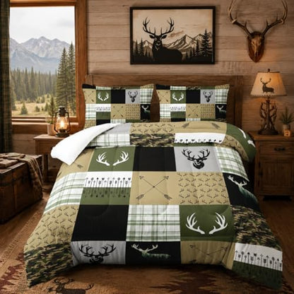 Nttopship Hunting Camo Comforter Sets King Size，Bedding Sets for Kids,Arrows and Deers Comforter Sets，Kids Room Decor with 1 Comforter with 2 Pillow Case