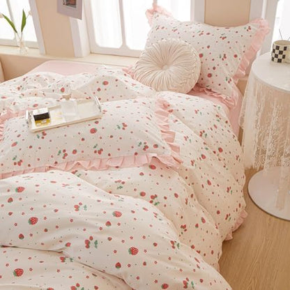 Kawaii Pink Strawberry Duvet Cover Twin Cotton Girls Lace Duvet Cover Cute Ruffle Bedding Set Kawaii Strawberry Ruffle Comforter Cover Romantic Princess Bedding Cover with 2 Pillowcases