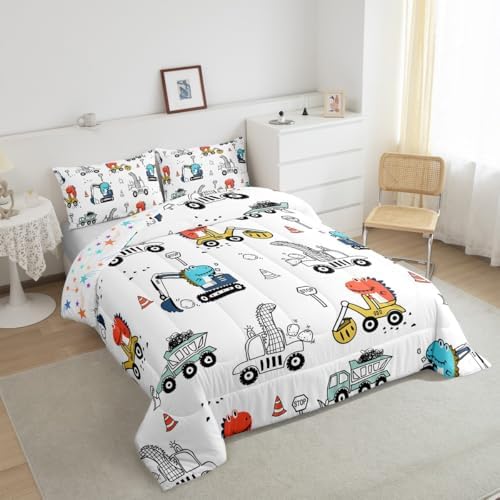 Feelyou Kids Construction Comforter Set Cartoon Dinosaur Bedding Twin Size Tractor Vehicle Truck Comforter for Boys Girls Jungle Dino Quilt Set Yellow Blue Soft