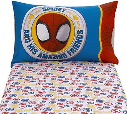 Marvel Spidey and His Amazing Friends Blue, Red, Yellow, and Green, Team Up 2 Piece Toddler Sheet Set