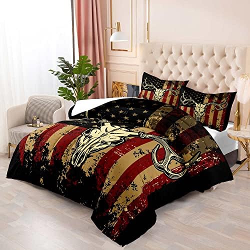 LUVIVIHOME 3PCS Deer Skull Comforter Set Full Size, Patriotic American Flag Comforter, 4th of July Independence Day Hunter Elk Moose Wildlife Cabin Country Rustic Hunting Bedding Quilt, 2 Pillow Shams