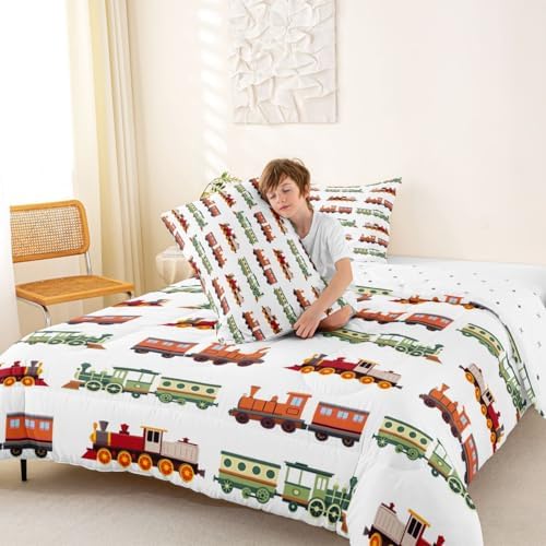 Feelyou Retro Train Comforter Set Full Size Vintage Steam Locomotive Down Bedding Set for Kids Boys Girls Transportation Vehicles Duvet Quilt Bedroom Decor Microfiber 3 Pcs with 2 Pillow Cases