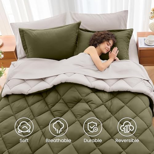 MUXHOMO 7 Pieces Queen Comforter Set, Reversible Bed in a Bag Queen Size, All Season Bedding Set with Comforter, Flat Sheet, Fitted Sheet, Pillowcases & Shams, Olive Green & Beige