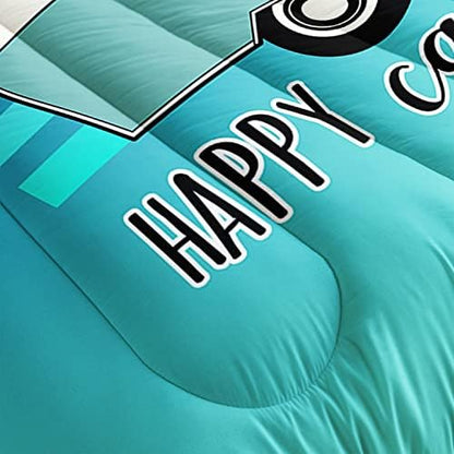 HOSIMA Happy Camping Decor Comforter Set,Cartoon Camper Bedding Queen Size for Kids Teen Girls Boys Room Decor,Camper Accessories for Travel Trailers Themed Bedding with 2 Pillowcases.