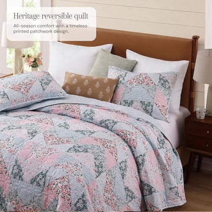 King Quilt Set-3 Pieces Soft Bedding Lightweight Floral Patchwork Coverlet
