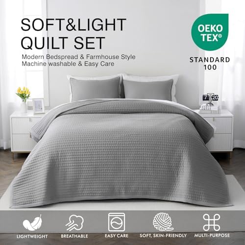 Oversized King Quilt Set 112 x 106 in, Lightweight, Grey