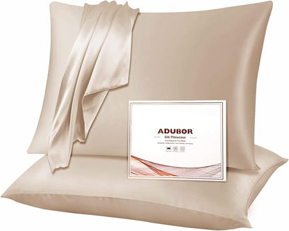Adubor Silk Pillowcase 2 Pack for Hair and Skin with Hidden Zipper, Both Sides 23 Momme Silk Pillow Case (Beige, Standard: 20''x26'')