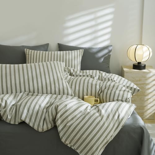 LifeTB Full Size Comforter Set Grey Striped Comforter Set, 3 Pieces Retro Stripes Pattern Printed Comforter with 2 Pillowcases, Fluffy Soft Lightweight Breathable Striped Bedding Set for All Seasons