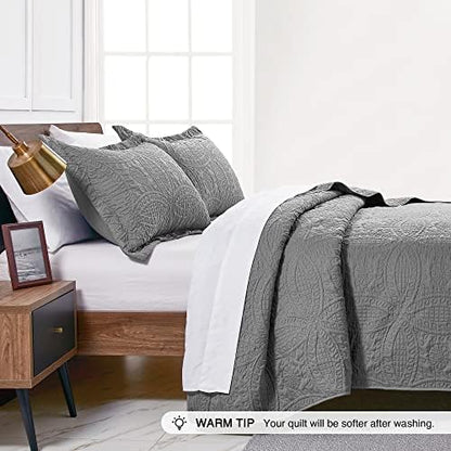 Love's cabin King Size Quilt Set Grey Bedspreads - Soft Bed Summer Lightweight Bedspread Comforter - Modern Style Coin Pattern Coverlet for All Season - 3 Pieces (1 Quilt, 2 Pillow Shams)