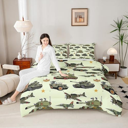 Manfei Aircraft Tank Comforter Set Twin Size, Green Camo Helicopter Airplane Bedding Set 2pcs for Kids Boys Teens Room Decor, Military Army Equipment Down Comforter with 1 Pillowcase, No Sheets