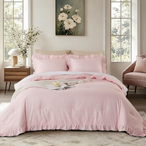 Cupocupa Gingham Ruffle Comforter Set King - 3 Piece Pink Checkered Bedding Set - Aesthetic Cottagecore Ruffled Farmhouse Comforter with 2 Pillow Shams - Soft, Lightweight All Season Bedding