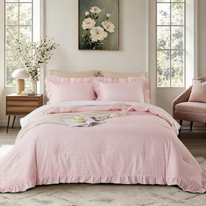 Cupocupa Gingham Ruffle Comforter Set King - 3 Piece Pink Checkered Bedding Set - Aesthetic Cottagecore Ruffled Farmhouse Comforter with 2 Pillow Shams - Soft, Lightweight All Season Bedding
