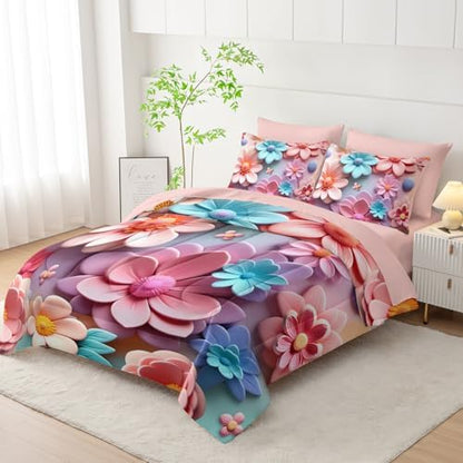 Pink Floral Comforter Set Queen Size Bed 7 Piece，Quilt Queen Size Bedding Set 7 Piece Farmhouse Blue Floral，(1 Comforter, 1 Flat Sheet, 1 Fitted Sheet, 2 Pillowcase and 2 Pillow Sham)