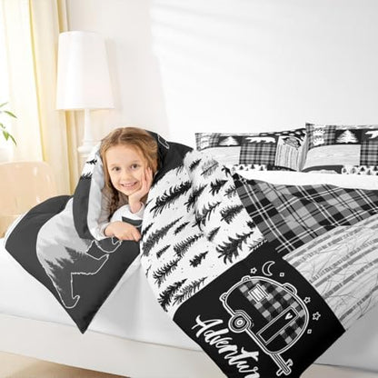 Bear Plaids Comforter Set Queen Size,Pine Trees Animals Hunting Bedding Set for Kids Boys Girls Adults Room Decor,Adventure Rustic Farmhouse Down Comforter,Black Retro Duvet Insert,2 Pillowcases