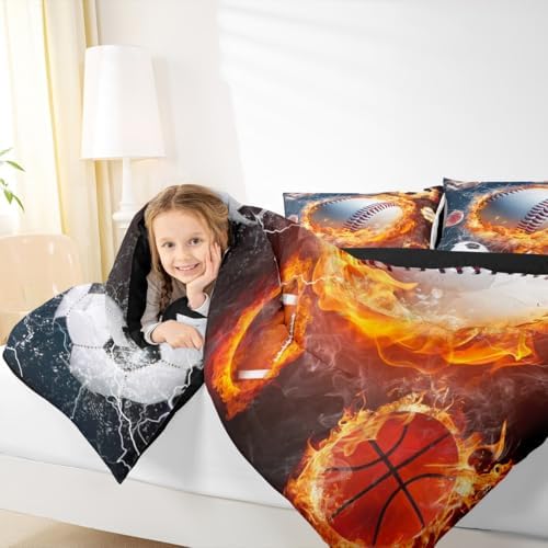 Erosebridal Kids Baseball Bedding Set for Boys King Teen Sports Baseball Comforter Set Football Soccer Bedding Comforters,Lightning Basketball Quilt Duvet Red Blue Water Fire Decor All Season 3 Pcs