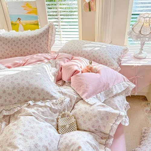 French Style Ruffle Duvet Cover King with Pink Flower Pattern, 100% Cotton Vintage Cottagecore Duvet Cover with 2 Pillowcases, Princess Lace Bedding Botanical Flower Comforter Cover with Zipper Ties