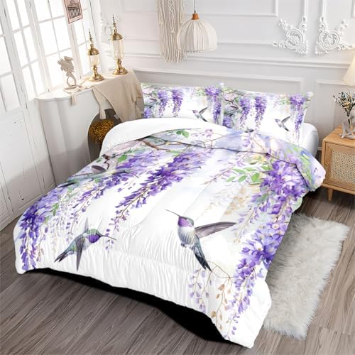 CCoutueChen Comforter Set Queen Purple Wisteria Bedding Set Hummingbirds Bedding Soft Down Alternative Comforter with 2 Pillowcases, Aesthetic Floral Design