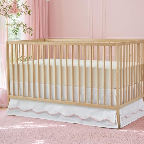Brandream Scallop Edge Cotton Crib Skirt Toddler Bedskirt Baby Nursery Crib Bed Skirt Double Layer Boho Bohemian Neutral Solid Color Cream Off White with Pink Edge Farmhouse Chic Skirt