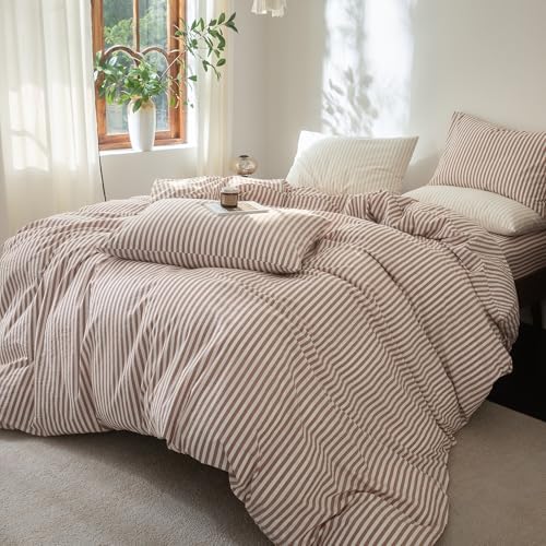FOSSA Striped Duvet Cover Set Washed Cotton Linen Feel Oversized King Plus