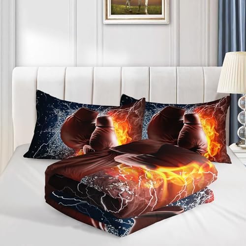 Axolotl Boxing Bedding Set King,Sports Theme Comforter Set,3Pcs Boxing Gloves Bedding,Red Blue Cool Lightning Comforter,Pugilism Games Bed for Kids Boys Teens Men,1 Quilt 2 Pillowcases