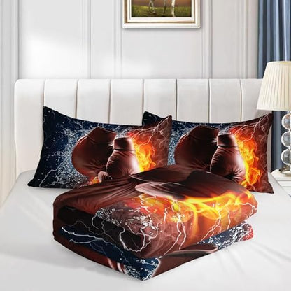 Axolotl Boxing Bedding Set King,Sports Theme Comforter Set,3Pcs Boxing Gloves Bedding,Red Blue Cool Lightning Comforter,Pugilism Games Bed for Kids Boys Teens Men,1 Quilt 2 Pillowcases