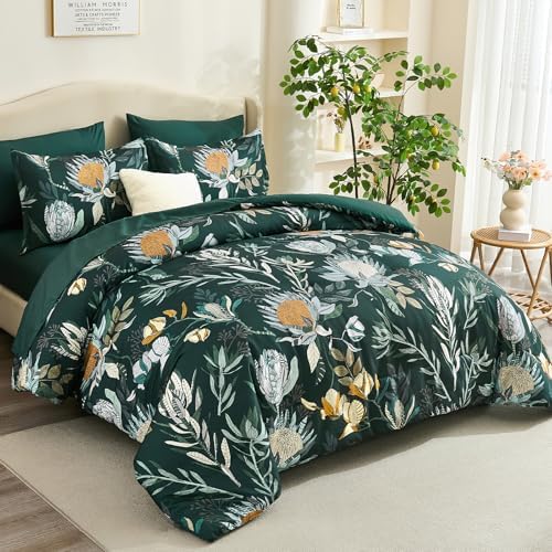 Luxudecor King Comforter Set 7 Pieces Bedding Sets, Dark Green Floral Comforter and Sheet Set, Soft Microfiber Bed in a Bag for All Seasons (Dark Green,104"x90")