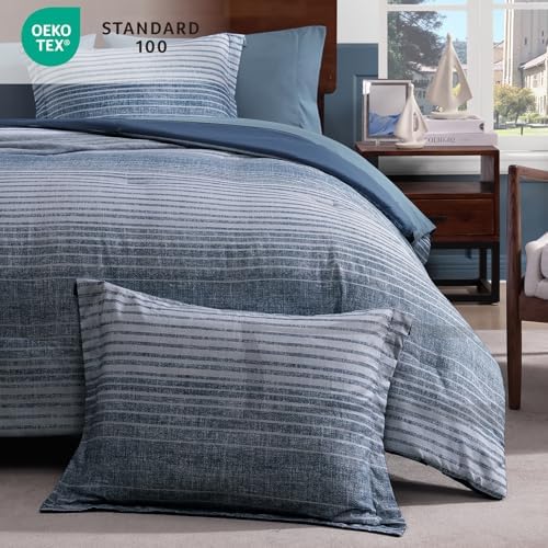 Queen Comforter Set Striped Lake Blue Coastal 7 Pieces Bed in a Bag