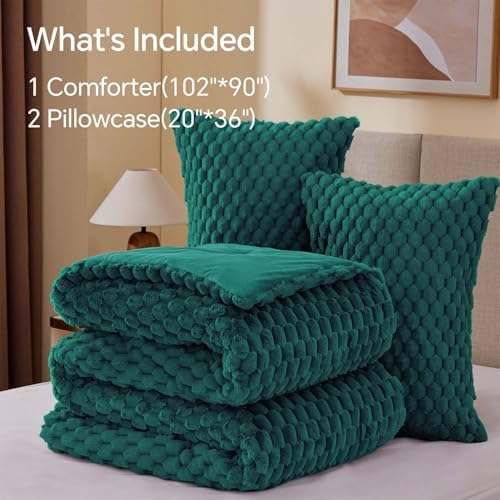 BEDELITE Fluffy King Size Comforter Set, Dark Green Fleece Bed Set 3 Pieces