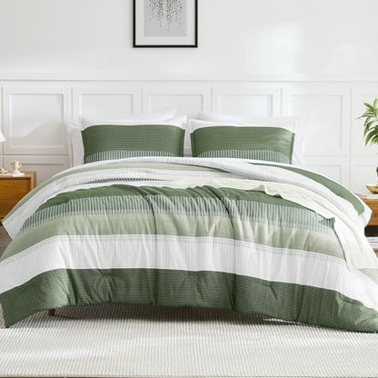 Litanika Olive Green King Size Comforter Set - 3 Pieces Stripe Bed Set