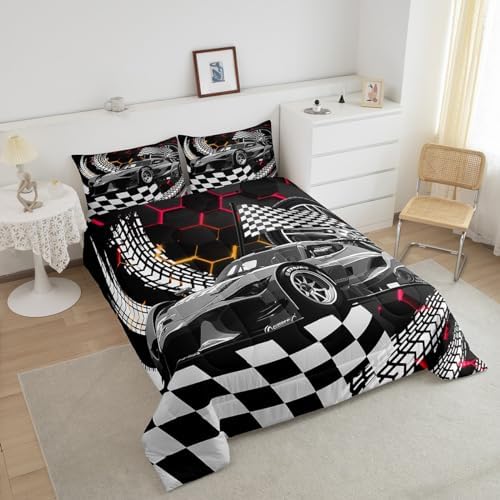 Toddler Race Car Bed for Boys,Red Orange Neon Lights Honeycomb Bedding Set Cool Sports Car Glitter Beehive Geometric Hexagon Queen Comforter Set,Black White Grid Lattice Quilt Buffalo Plaid Decor