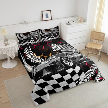 Toddler Race Car Bed for Boys,Red Orange Neon Lights Honeycomb Bedding Set Cool Sports Car Glitter Beehive Geometric Hexagon Queen Comforter Set,Black White Grid Lattice Quilt Buffalo Plaid Decor