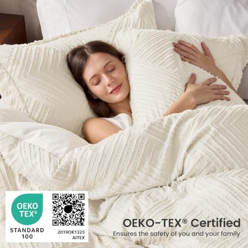 JOLLYVOGUE King Size Comforter Set, Boho Tufted 3-Piece Bedding Set, Ivory