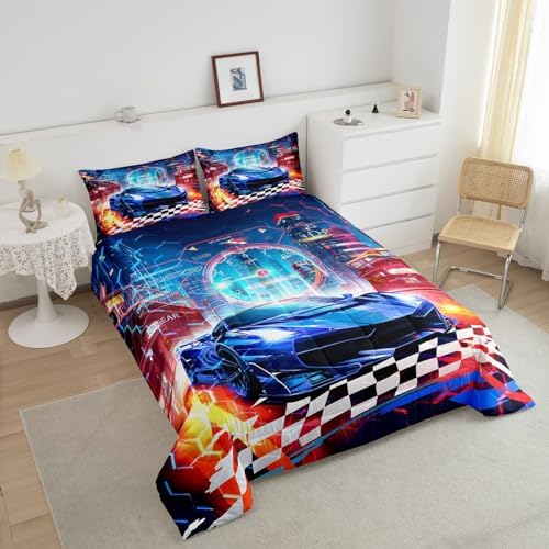 Feelyou Boys Blue Race Car Twin Size Bedding Set Kids Racing Car Decor Comforter Extreme Sports Car Comforter Set for Teens Honeycomb Grid Car Comforter Quilt Set Car Room Decorations