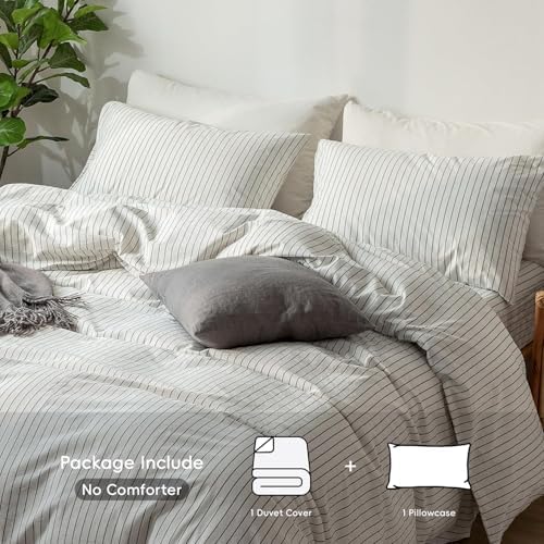 MooMee Striped Duvet Cover Set 100% Washed Cotton Linen Like Twin