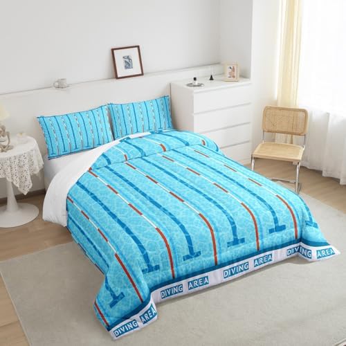 Swimming Kids Comforter Set Twin Size,Swim Sports Games Modern Fashion Bedding Set,Boys Girls Adults Room Decor,Swimming Pool Chic Down Comforter,Blue Unique Duvet Insert,1 Pillowcase