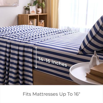 Mellanni Iconic 3-PC, Ultra Soft Sheet Set (Twin, Oxford Stripe Blue Nova)