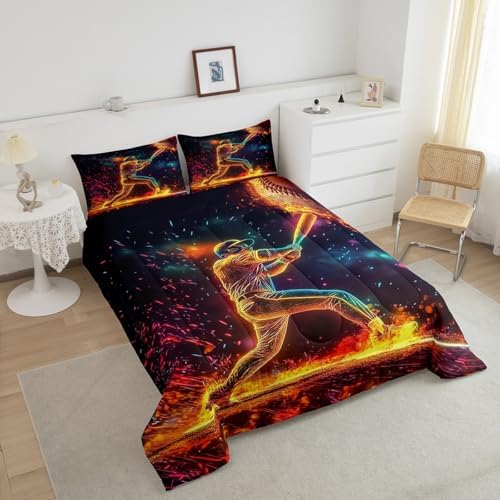 Castle Fairy Basetball Player King Size Comforter Set,Kids Neon Sky Decor All Season Bedding Set,Teens Sports Baseball Comforter,Ball Games Lover Decor Quilt Set Bedroom Collection 3Pcs