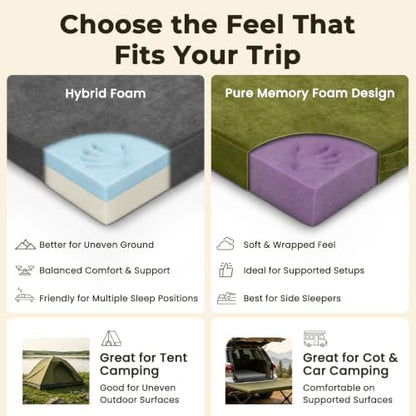BDEUS Memory Foam Camping Mattress Pad 3inch Cot Size Waterproof Roll Up Bed Sleeping Mat for Adults Portable Roll Up Mattress for Travel Guest Floor Bed Cot Mattress Pad for Car, Tent