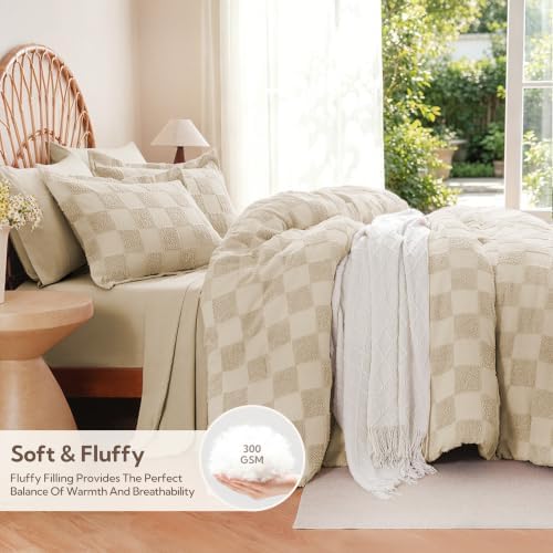 MR&HM King Size Comforter Set 7 Pieces, Checkered Boho Tufted Bed Set Linen
