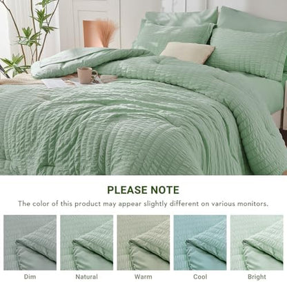 HYMOKEGE Sage Green Oversized King Comforter Set Seersucker 7 Pieces, All Season Luxury Bed in a Bag for Bedroom, Bedding Set with Comforter, Sheets, Pillowcases & Shams